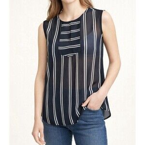 J.Crew Navy White Stripe Sleeveless Blouse Size 6 Sheer Pleated Office Preppy
